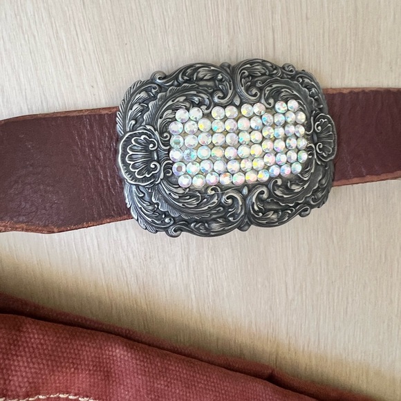 Fossil Brand Brown Canvas Hobo Bag with Leather Strap with Rhinestone Buckle - Picture 6 of 9